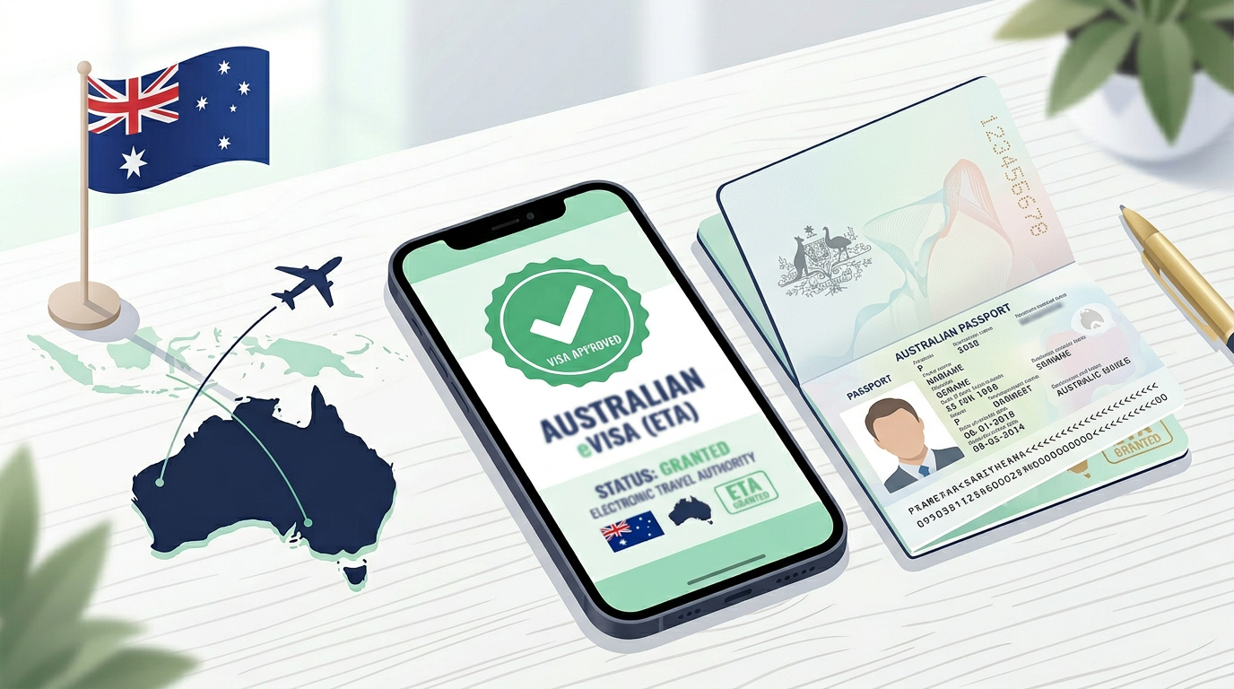 Australian passport and eVisa approval illustration